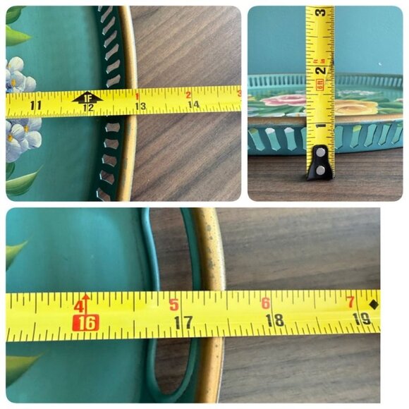 Vintage Turquoise Toleware Pilgrim Art Oval Tray 155 Reticulated Hand Painted - Picture 10 of 10